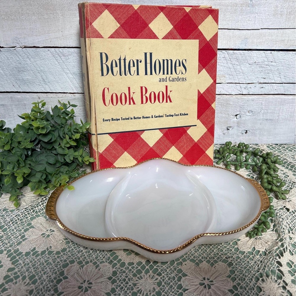 Anchor Hocking FireKing White Divided Serving Plate Gold Trim Milk Glass